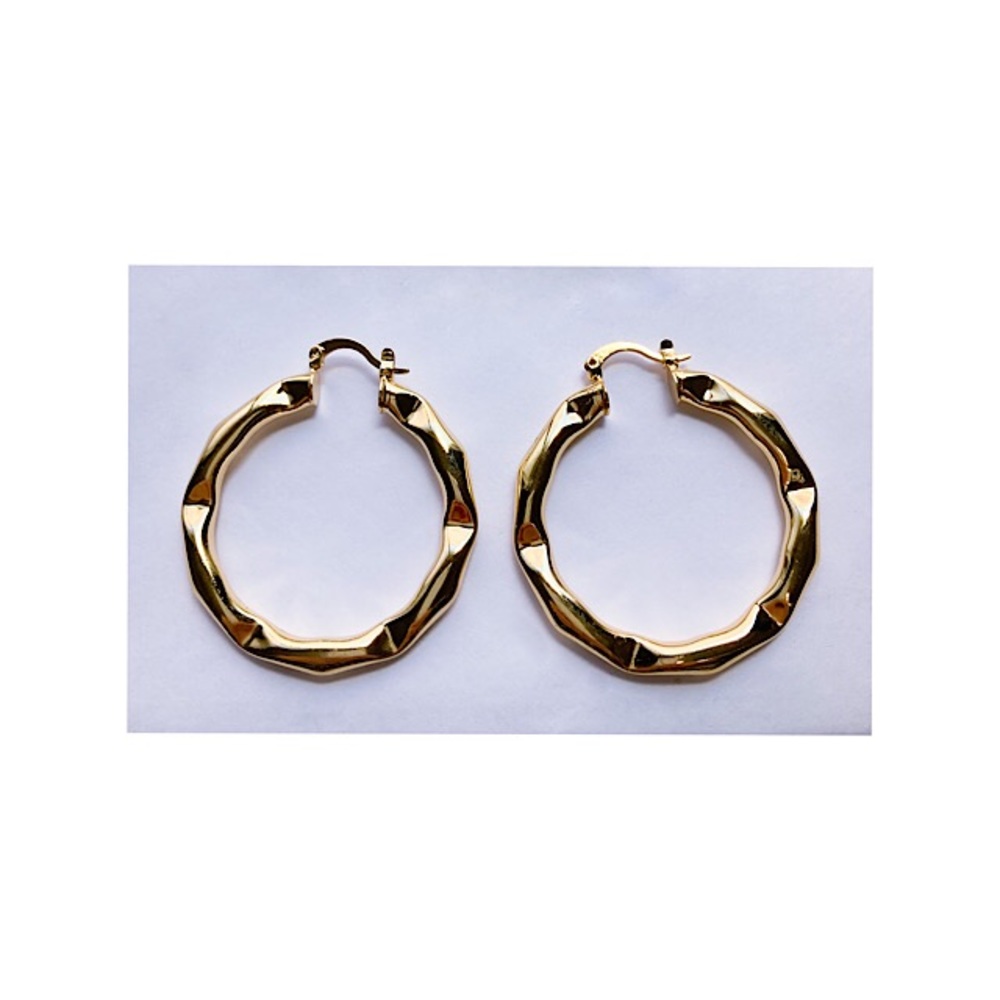 Women Large Hoop Earrings Round Circle Bamboo Joints Gold Tone Metal 40mm NWOT